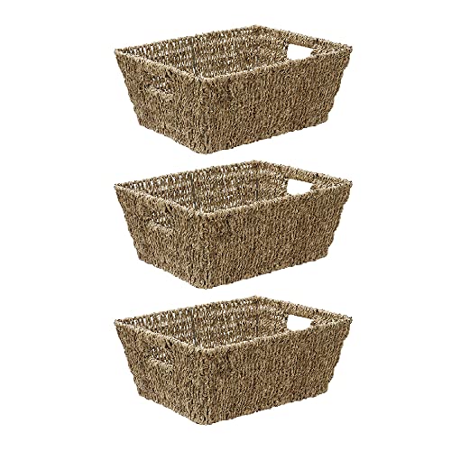 JVL Large Hand Woven Seagrass Rectangular Storage Basket, H:16 x W:38 x D:29cm, Capacity:14L, Set of 3 Natural