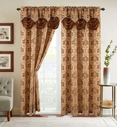 Elegant Comfort Jacquard Look Curtain Panel Set with Attached Waterfall Valance, (Set of 2), 54 x 84 Inches, Gold/Brown