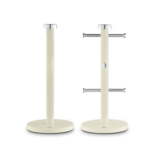 Swan Townhouse Kitchen Towel Pole and 6 Mug Tree Set with Colour Coated Iron, Chrome Accents and Weighted Bases, Cream