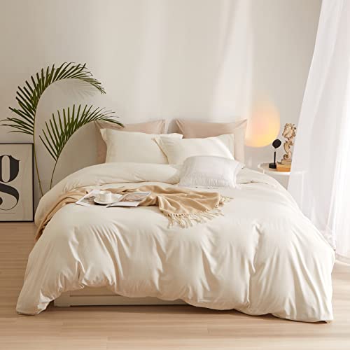 "Cream White Queen Size Duvet Cover Set - Soft Washed Microfiber Ivory Boho Bedding With Zipper Closure - 3 Pieces: 90""x90"" Comforter Cover and 2 Pillowcases"