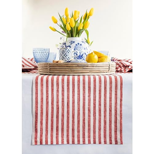 Solino Home Linen Table Runner 14 x 120 Inch Long ??? Red and White, 100% Pure Linen Striped Table Runner for Fall, Thanksgiving, Christmas, Holiday ??? Amalfi Stripe, Handcrafted from European Flax
