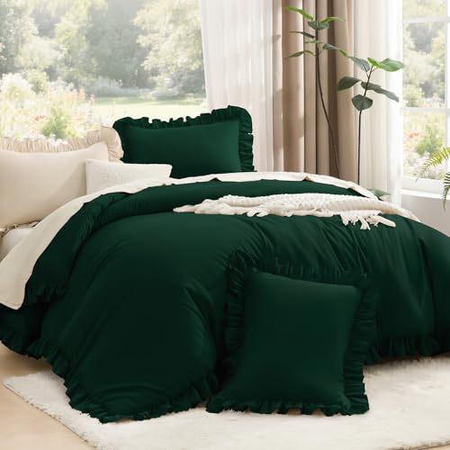 Litanika Queen Comforter Set, 3 Pieces Emerald Green Ruffle Bedding Set - Farmhouse Shabby Chic Aesthetic Soft Fluffy Lightweight Breathable Bed Set for Girls Women Room Decor Gift All Season