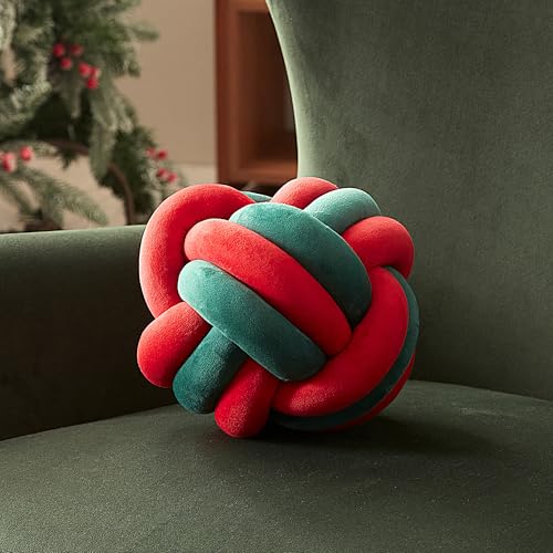 Sonvie Knot Ball Pillow Decorative Knotted Cushion, Soft Round Throw Pillow Decorative for Couch, Sofa, Bedroom, Living Room 22cm diametre red+green