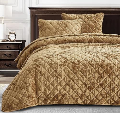 Chezmoi Collection Lux Caramel Gold Velvet Quilt Queen Set, 3-Piece Lush Plush Distressed Velvet Bedding All Season Lightweight Comforter Brushed Microfiber Reverse with Diamond Stitch Quilting