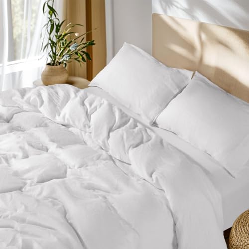 SONORO KATE 100% French Linen Full Duvet Cover Set,Zipper Closure,3PC - Natural French Flax,Soft Breathable for Hot Sleepers,Moisture Wicking & Durable,4 Corner Ties,White
