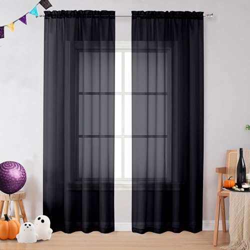 OVZME 2 Panels Sheer Black Curtains 72 Inches Length Window Treatment for Kitchen, Elegant Airy Transparent Curtain Draperies Rod Pocket for Kids Living Room, Each 42 Width 72 Length