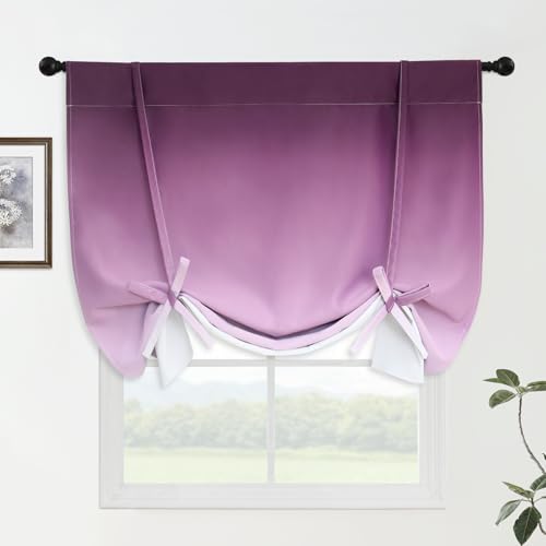 Yakamok Ombre Room Darkening Tie Up Curtains-Gradient Purple to Grey White Light Blocking Thermal Insulated Window Shade for Living Room Rod Pocket Balloon Curtain for Kitchen W42 X L63 Inches,1 Panel