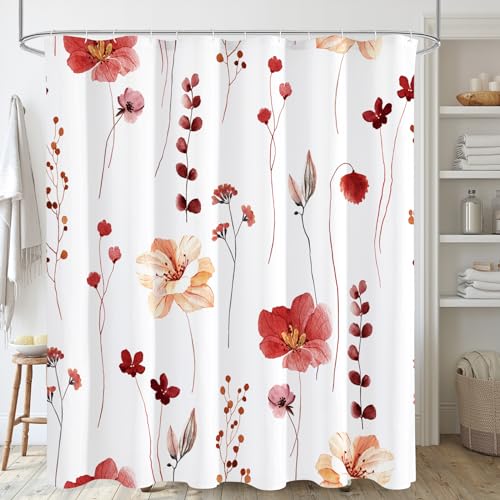 Gibelle Watercolor Floral Shower Curtain, Red Beige Flower Shower Curtain for Bathroom, Modern Minimalist Waterproof Fabric Shower Curtain Set with Hooks 72x72 Inch