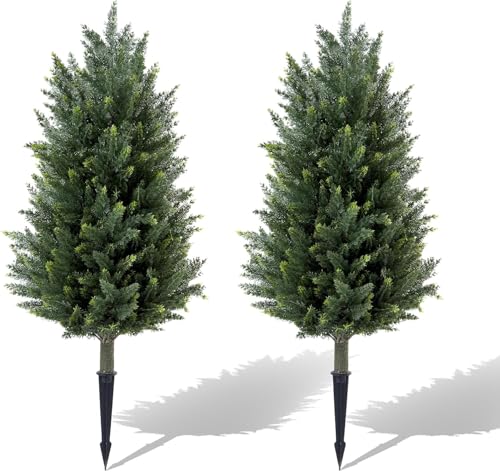 2 Packs of Fake Cypress Plants, 3FT Artificial Cedar Pruning Tree, with Ground Spikes, UV Resistant Artificial shrubs, Suitable for Outdoor and Indoor Front Porch Gardens