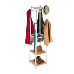 Relaxdays coat stand, 3 shelves and 8 hooks, HWD: 181x43x43 cm, coat stand with basket, hallway, metal, white-wood
