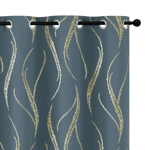 Yakamok Blackout Curtains 54 inch Length Living Room Thermal Insulated Gold Wave Line Dots Pattern Curtains Room Darkening Grommet Curtains for Bedroom, Stone Blue, W42 x L54-inch, 2 Panels