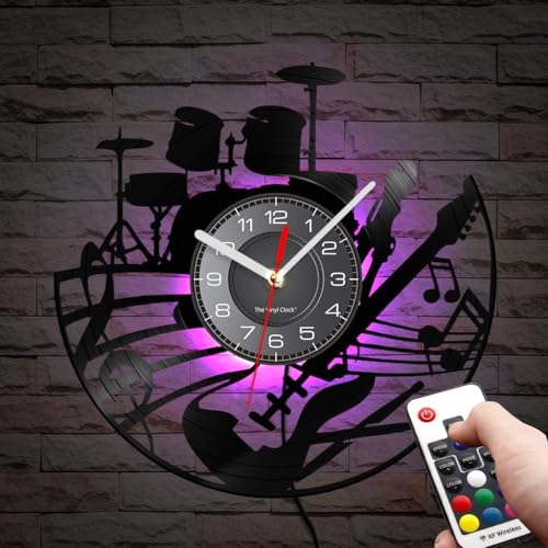 Timethink 12'' Guitar And Drum Kit LED Vinyl Record Wall Clock with 7 Colors Changing Non-ticking, Modern Rock N Roll Instrument Hanging Night Light Wall Clock Watch Drummer Guitarist Music Lover Gift