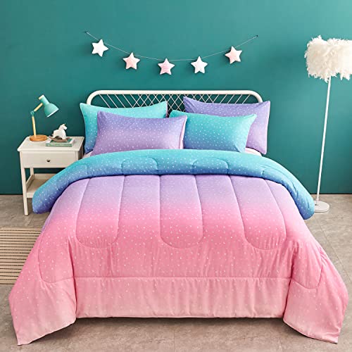 Yogeneg Mermaid Rainbow Comforter Set Full/Queen Size for Teen Girl Women,Metallic Star Moon Printed Comforter with 2 Pillowcase,Ultra Soft Microfiber 3 Piece Bedding Set,All Season (Rainbow B, Queen)