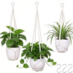 "YIBOT 3 Pack Macrame Plant Hanger Indoor Hanging Planter for Plants Holder with 3 Hooks, 35""/29""/23"" Crochet Plant Holder Stand for Boho Home Decor No Tassels,Ivory"