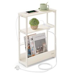 VASAGLE Slim Side Table with Charging Station, 3-Tier Narrow Bedside Table, End Table for Small Spaces, Magazine Rack, for Living Room, Bedroom, Study, Cream White LET335W03