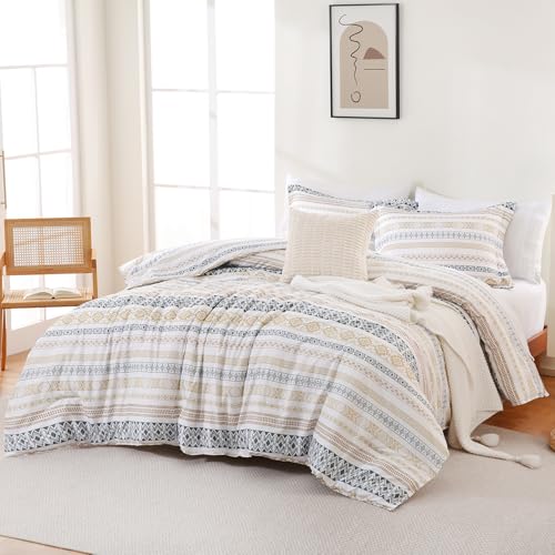 Yibeizi Striped Comforter Set Queen, Boho Farmhouse Pattern Bedding Sets Lightweight Soft Breathable All Season Neutral Bed Comforter with 2 Pillow Shams