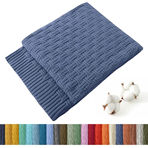 TREELY 100% Cotton Knitted Throw Blanket 31 x 40 Inches, Dusty Blue - Couch Cover Blanket, Decorative for Couch, Bed & Sofa