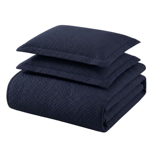 Superior Solitaire Cotton Bedspread Quilt Set, All Season, Queen, Navy Blue - Decorative Textured Jacquard Design Bedspread Set, Midweight Soft Breathable Airy Quilt Blanket, Matelasse Coverlet Bedding