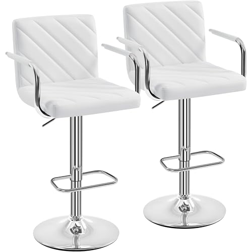 Yaheetech Height Adjustable Swivel Bar Stools w/Armrest, 2PCS White - 360?? Swivel & Adjustable with Backrest & Armrests, Metal Footrest, Faux Leather, Ideal for Home Bar, Kitchen & Restaurant