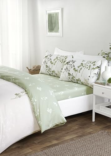 Rapport home King Duvet Cover Set Green Floral Microfibre Bedding with Fitted Sheet & 2 Pillowcases - Soft & Stylish Bedroom Decor