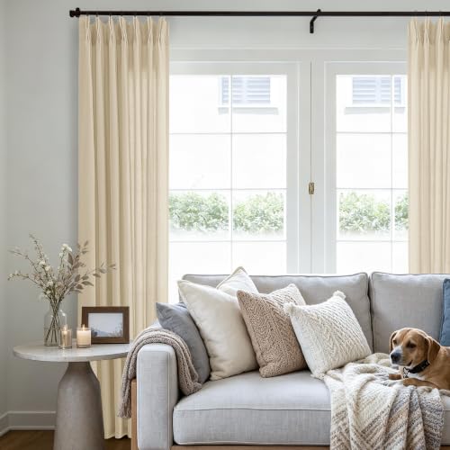 DUKIYO Light Filtering Pinch Pleat Linen Curtains 102 Inches Long Beige - Boho Farmhouse Rustic, Sheer Curtains, Warm Beige Tan, for Living Room, Pleated Draps, with Hooks Rings, Back Tab, 102 Inch