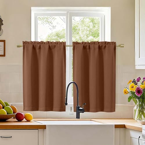 "Simplebrand Sun Baked Cafe Curtains Tier 36 Inch Length 2 Panels Set, Half Window Blackout Curtains for Kitchen, Rod Pocket Tier Thermal Insulated Window Treatment Short Curtain, Each 30"" Wx36 L"