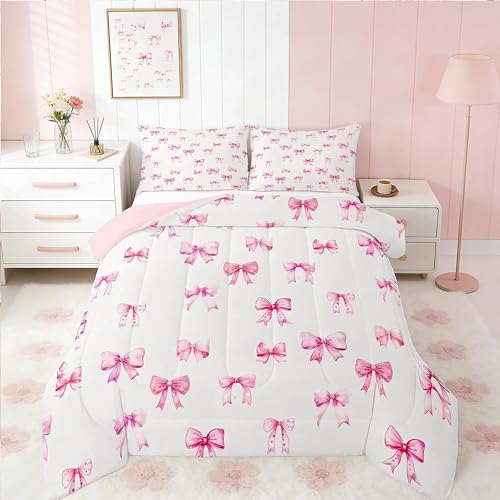 Feelyou Pink Girls Bow Bedding Set Boys Girls Full Size Bow Comforter Set for Kids Women Men Ultra Soft Cute Bowknot Comforter Kawaii Duvet Set Room Decor Lovely Quilt Set