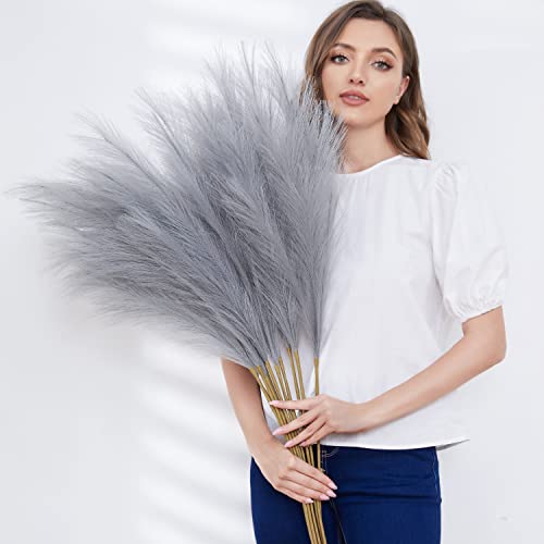 Qubitful Faux Pampas Grass, Set of 9 Stems 37'' Tall Fluffy Fake Pompas Floral, Large Artificial Pompous Branches for Floor Vase Fillers, Pompas Decorativas, Boho Farmhouse Wedding Home Decor(Grey)