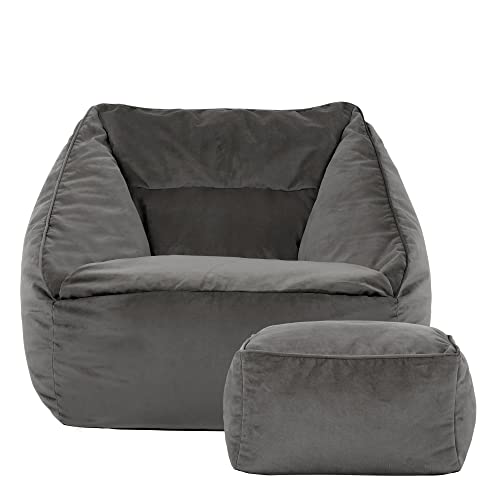 icon Natalia Velvet Bean Bag Chair with Footstool, Charcoal Grey, Large Adult Bean Bag with Filling Included, Accent Chair, Armchair, Living Room Furniture, Bedroom Furniture