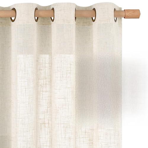 LAMIT 68 Inch Semi Sheer Linen Curtains for Bedroom 2 Panels, Cream Ivory Light Filtering Window Drapes Bronze Grommet Neutral Boho Panels for Living Room/Farmhouse, 52 x 68 Inch