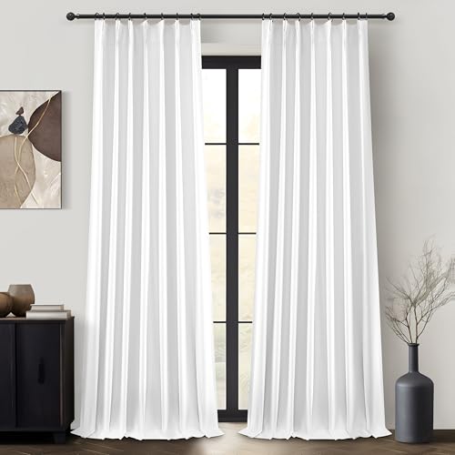 Unique Bright White Blackout Linen 92 Inch Curtains 2 Panels Set for Kids Room/Nursery, Rustic Farmhouse Pinch Pleated Insulated Drapes Room Darkening Privacy Burg for 90-92 Inches Large Windows