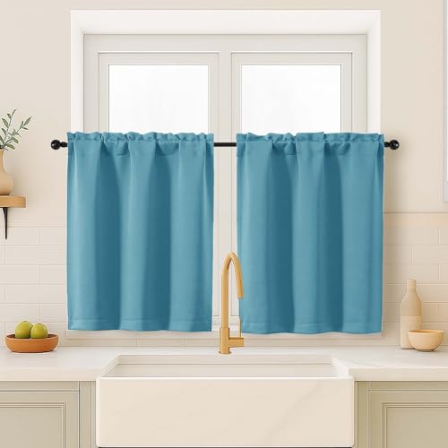 OVZME Turquoise Blackout Curtains for Small Window Treatment, Light Blocking Short Kitchen Window Curtains Over Sink, Dual Rod Pocket Half Window Tiers for Bathroom Basement, 2x40Wx36L Inches