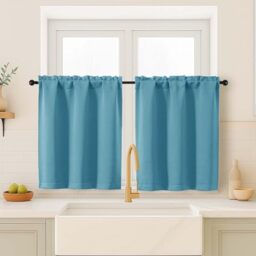 OVZME Turquoise Blackout Curtains for Small Window Treatment, Light Blocking Short Kitchen Window Curtains Over Sink, Dual Rod Pocket Half Window Tiers for Bathroom Basement, 2x40Wx36L Inches