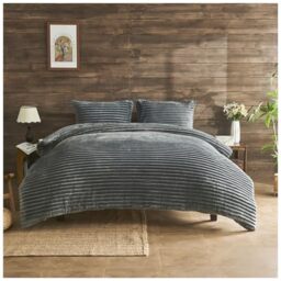 GC GAVENO CAVAILIA Ribbed Fleece Duvet Set With Pillow Cases - Thermal Warm Cozy Winter Bedding Double Duvet Cover Set 200x200 Cm - Hypoallergenic, Washable Polyester Quilt Cover Bed Sets, Charcoal