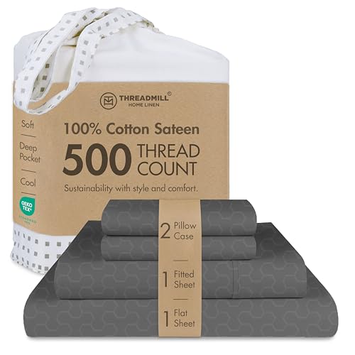 "Threadmill 500 Thread Count King Size 4 Piece Cotton BedSheet Set, Jacquard Floria Dark Grey, Silky Soft Sheets with 16"" Elasticized Deep Pocket, 2 Pillowcases & Free Tote Bag"