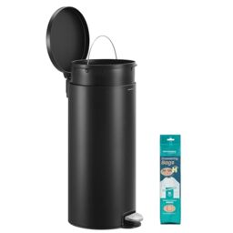 SONGMICS Kitchen Bin, Round Trash Bin with 15 Trash Bags, Metal Pedal, Removable Plastic Inner Bucket, Handle, Soft-Close Lid, Steel, 8 Gallons (30 L), Ink Black LTB031BZ02