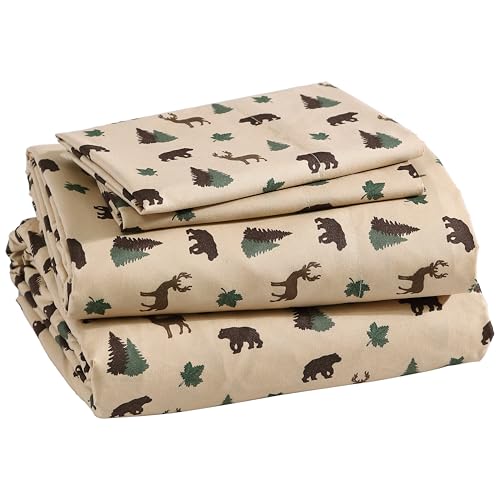 Beatrice Home Fashions 4-Piece Rustic Full Microfiber Bed Sheet Set Deep Pocket Bedding Cabin Lodge Bear Deer, Green Brown Tan