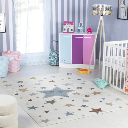 Livabliss Supermama Stars Washable Kids Carpet 120x170 cm, Soft Machine Washable Design for Bedroom, Playroom & Nursery, Easy Care Baby & Kids Floor Carpet, Cream