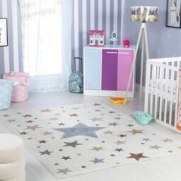 Livabliss Supermama Stars Washable Kids Carpet 120x170 cm, Soft Machine Washable Design for Bedroom, Playroom & Nursery, Easy Care Baby & Kids Floor Carpet, Cream