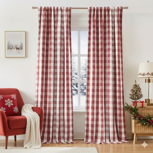"Bapawfish Red White Buffalo Plaid Curtain Panels 90 Inches Length,Farmhouse Full Blackout Drapes for Bedroom Living Room,Thermal Insulated Window Treatment,Rod Pocket Back Tabs,40"" Wx90 Lx2"