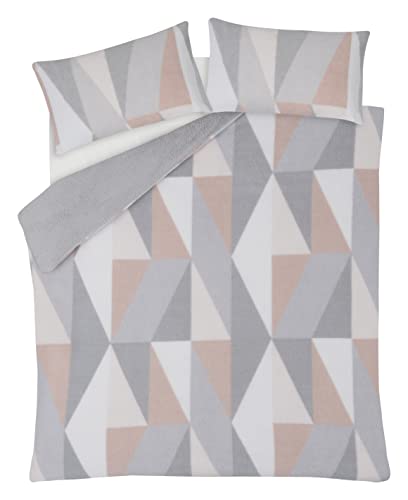 Sleepdown Geometric Teddy Fleece Thermal Warm Cosy Super Soft Duvet Cover Quilt Bedding Set with Pillow Case - Blush Pink - Single (135 cm x 200 cm)