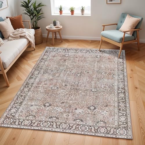 Livabliss Terjit Machine Washable Rug - Vintage Area Rugs Living Room, Large Rug 120x170 cm - Traditional Boho Rug Style, Dining Room, Kitchen, Outdoor, Hallway - Brown, Charcoal, Black Rug