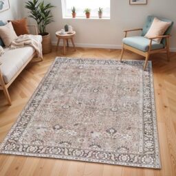 Livabliss Terjit Machine Washable Rug - Vintage Area Rugs Living Room, Large Rug 120x170 cm - Traditional Boho Rug Style, Dining Room, Kitchen, Outdoor, Hallway - Brown, Charcoal, Black Rug