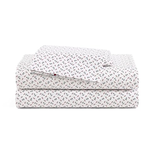 Tommy Hilfiger - Sheet Set, Cotton Percale Bedding with Matching Pillowcases, Crisp & Cool, Premium Quality Home Essentials (Atlantic Anchors Red, Full)