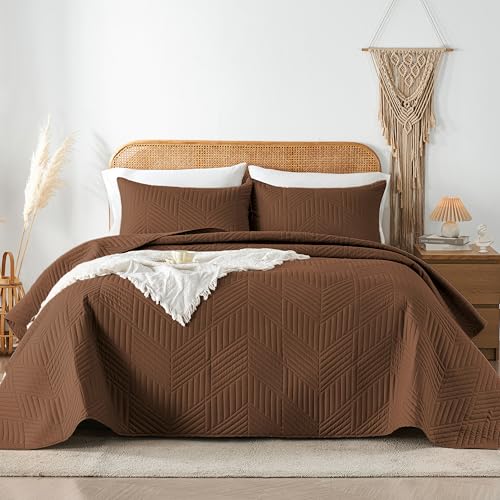 Davulos Twin Quilt Bedding Set,Brown Ultrasonic Quilt Set Reversible Microfiber Bedspread,Lightweight Soft Modern Geometric Coverlet Set for All Seasons(1 Quilt,1 Pillow Sham)