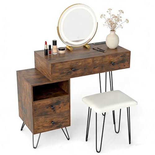 RELAX4LIFE Dressing Table and Stool Set, Makeup Vanity Desk with Charging Station, Drawers and 360°Rotation LED Mirror, Bedroom Cosmetics Dresser Storage Organizer (Rustic Brown)