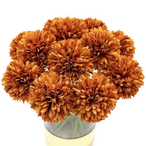 Blooming Paradise 10Pcs Artificial Fake Flower Plants Silk Chrysanthemum Ball Hydrangea Arrangements Wedding Bouquets Decor Home Kitchen Garden Party Table Floral centerpieces DIY(Coffee Brown)