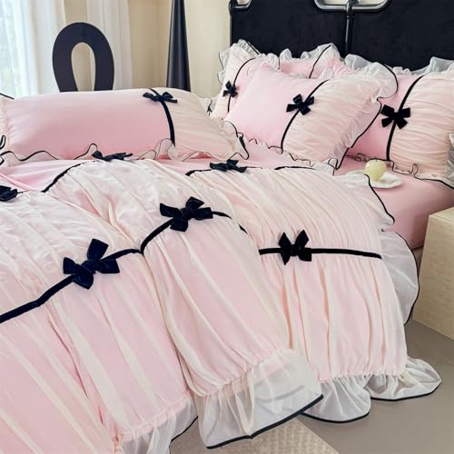 Ruffle Beddding Set with Bowtie,Girls Lace Bedding,Full Comforter Cover Set, Chic Ruffled Duvet Cover with Lovely Bow,Princess Style 1 Duvet Cover with 2 Pillowcases, No Comforter