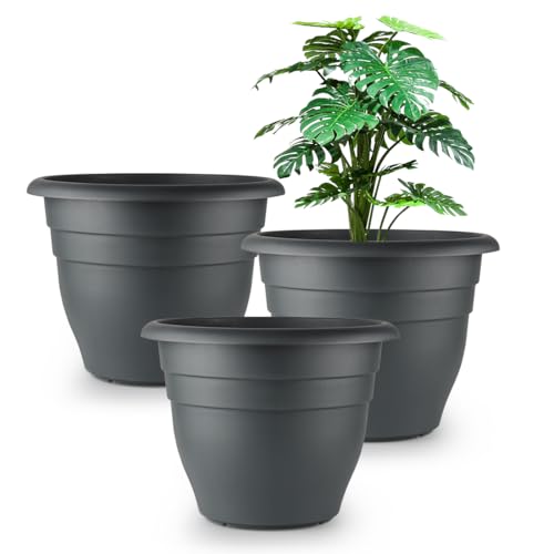 "RooTrimmer 11.8"" Plant Pots, 3 Pack Planters for Indoor Ourdoor Plants, Round Plastic Flower Pots, Large Planters with Drainage Hole and Plug, Gray"