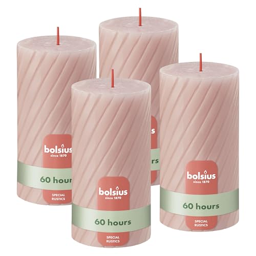 Bolsius Rustic Pillar Candles – Ribbed – Light Pink – Set of 4 – 13 cm – Decorative Household Candles – Made with Natural Plant-Based Wax – Palm Oil Free